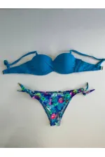 Kadın Mavi Taş İşlemeli Desenli Astarlı Bikini Takım HZL25S-LC203