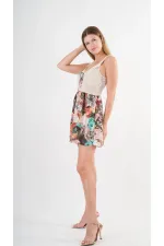 Kadın Yeşil Desenli Saten Yüzeyli V Yaka Halka Detaylı Kuşaklı Mini Elbise HZL24S-YY250