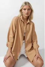 Kadın Camel Oversize Uzun Basic Gömlek  HZL22W-BD139001
