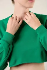 Sweat-shirt court basique vert à manches longues et col ras du cou pour femme HZL24W-ZK11351