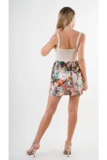 Kadın Yeşil Desenli Saten Yüzeyli V Yaka Halka Detaylı Kuşaklı Mini Elbise HZL24S-YY250