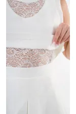 Kadın Beyaz Dantel Desenli Bisiklet Yaka Kolsuz Astarlı Elbise HZL24S-YY10021