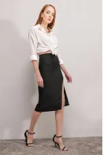 Kadın Siyah Yırtmaçlı Püskül Taşlı Beli Lastikli Uzun Etek HZL24S-BD118901