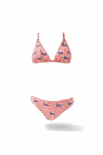 Kız Çocuk Pembe Beyaz Çizgili Flamingo Desenli  4-12 Yaş Üçgen Bikini Takım HZL24S-LC171
