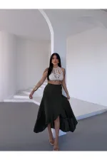 Kadım Haki Belden Bağlamalı Asimetrik Müslin Etek HZL25S-DSB117801