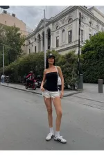 Kadın Siyah Yanı Büzgülü Çift Yırtmaçlı Straplez Bluz HZL24S-ZK13091