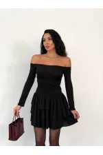 Women's Black Strapless Neckline Layered Skirt Detail Mini Dress HZL25W-FRY123581