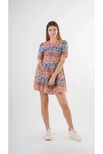Kadın Lacivert Orange Etnik Desenli Bisiklet Yaka Astarsız Elbise HZL24S-YY238