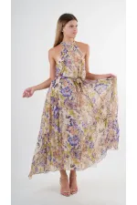 Kadın Mor Çicek Desenli Halter Yaka Kuşaklı Astarlı Uzun Elbise HZL24S-YY233