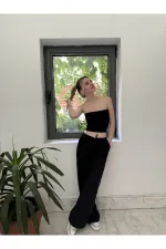 Women's Black Elastic Waist Wide Leg Linen Trousers with Pockets HZL24S-ZK11051