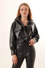 Veste courte noire en similicuir pour femme, avec poches et manches ballon, HZL23W-BD110311