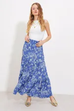 Women's Indigo Patterned Long Viscose Skirt 1898