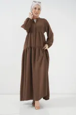 2527 Kadın Uzun Tesettür Elbise - Kahverengi