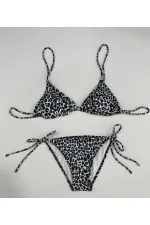 Kadın Leopar Siyah Boyundan İp Bağlamalı Üçgen Bikini Takımı HZL25S-LC5005