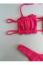 Kadın Pembe İp Bağlamalı Büzgülü Straplez Bikini Takım HZL25S-LC2226