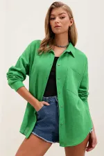 Women's Green Single Pocket Oversize Linen Ayrobin Shirt HZL24S-BD1201531