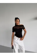 Kadın Siyah Tek Omuz Transparan Tül Detaylı Şık Sandy Bluz HZL26S-FRY123871