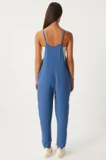 Women's Indigo Blue Adjustable Strap Wide Leg Overalls with Pockets HZL22S-BD170191