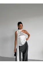 Chemisier asymétrique en satin blanc pour femme, col châle et encolure à nouer HZL26W-FRY123731