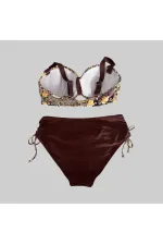 Kadın Kahve Çiçek Desenli Büyük Beden Astarlı Lacivert Bikini Takım HZL25S-LC3301