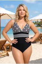 Kadın Siyah Beyaz Etnik Desenli Astarlı Büyük Beden Mayo HZL25S-LC25115