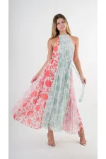 Kadın Kırmızı Yeşil Bloklu Yaprak Desenli Halter Yaka Kuşaklı Astarlı Uzun Elbise HZL24S-YY233