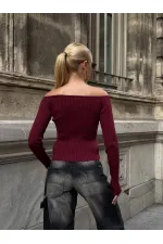 Kadın Bordo Önden Bağlamalı Madonna Yaka Crop Bluz HZL25W-ZK10331