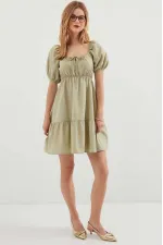 Robe évasée en popeline verte à col froncé et taille élastique pour femme Çağla HZL22S-BD123511