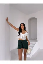 Kadın Zümrüt Yeşil Bağlama Detay Müslin Şort HZL25S-DSB2323