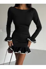 Kadın Siyah Uzun Kollu Volanlı ve Biyeli Dalgıç Kumaş Mini Elbise HZL25W-FRY123401