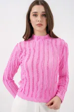 Kadın Dokulu Esnek Örme Bluz 975 - Pembe