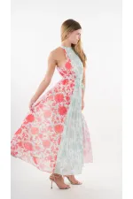 Kadın Kırmızı Yeşil Bloklu Yaprak Desenli Halter Yaka Kuşaklı Astarlı Uzun Elbise HZL24S-YY233