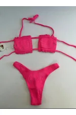 Kadın Pembe İp Bağlamalı Büzgülü Straplez Bikini Takım HZL25S-LC2226