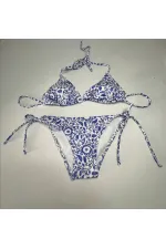 Women's Tile Pattern Blue White Patterned Neckline Triangle Bikini Set HZL25S-LC5005