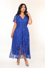 Kadın Saks Mavi Büyük Beden V Yaka Astarlı Dantel Detaylı Şık Abiye Elbise HZL26S-PR11071