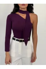 Kadın Mor Fularlı Sandy Kumaş Asimetrik Kesim Bluz HZL25S-FRY123371
