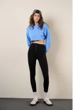 Kadın Mavi Basic Bisiklet Yaka Uzun Kollu Crop Sweatshirt HZL24W-ZK11351