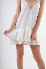 Kadın Ekru V Yaka İp Askılı Eteği Pileli Güpür Detaylı Elbise HZL24S-YY244