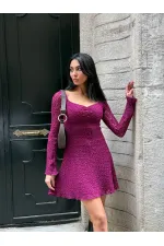 Kadın Mor Uzun Kollu Dantel Detay Astarlı Kloş Elbise HZL25W-FRY123531