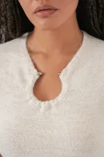 Robe tricotée à détail collier pour femme 15989 - Écru