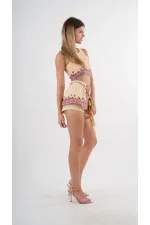 Kadın Sarı Etnik Desenli Beli Kuşaklı Bluz Şort İkili Takım HZL24S-YY261