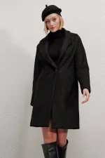 Kadın Siyah Tek Düğmeli Çift Cepli Astarlı Buklet Kaşe Kaban HZL22W-BD190821