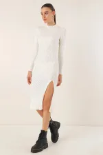 Robe mi-longue en maille blanche fendue à col roulé pour femme HZL24W-BD1101761