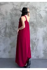 Kadın Bordo Omuzdan Bağlamalı Maxi Boy Dokuma Elbise HZL22S-DSB110031