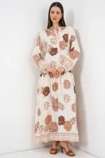 Kadın Desenli Uzun Tesettür Elbise 2585 - A.Bej