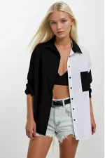Kadın Siyah Beyaz Renk Bloklu Poplin Basic Gömlek HZL22S-BD1201161