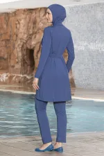 Women's Hijab Blue Long Sleeve Waist Belted Fully Covered Tights Lycra Dress Swimsuit HZL24S-AR1252-29