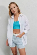 Kadın Beyaz Yandan Yırtmaçlı  Ip Büzgülü  Gömlek HZL23W-BD1201321