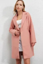 Kadın Pembe Tek Düğmeli Çift Cepli Astarlı Şık Kaşe Kaban HZL23W-BD190851