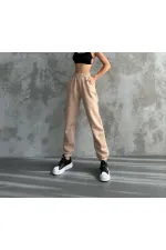 Kadın Bej Cepli Beli Paçası Lastikli 3 İplik Şardonlu Eşofman Altı HZL24W-ZK12321